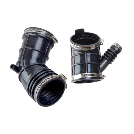 Black engine air intake hose with metal hose clamps and dual intake connections