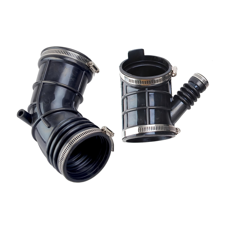 Black engine air intake hose with metal hose clamps and dual intake connections