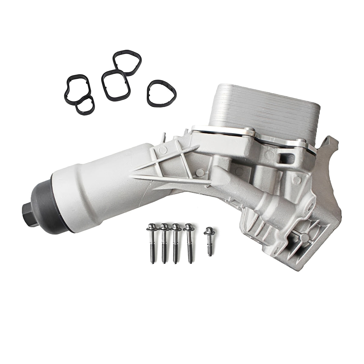 Aluminum oil filter housing assembly with gaskets and mounting bolts
