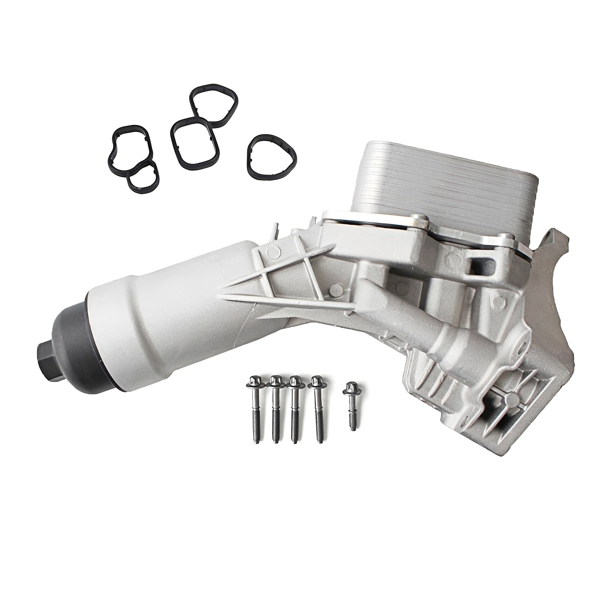 Aluminum oil filter housing assembly with gaskets and mounting bolts