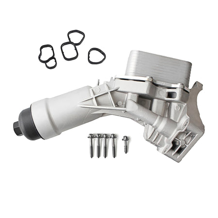 Aluminum oil filter housing assembly with gaskets and mounting bolts