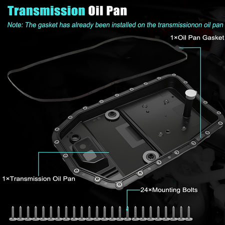 Automatic transmission oil pan with installed gasket and 24 mounting bolts
