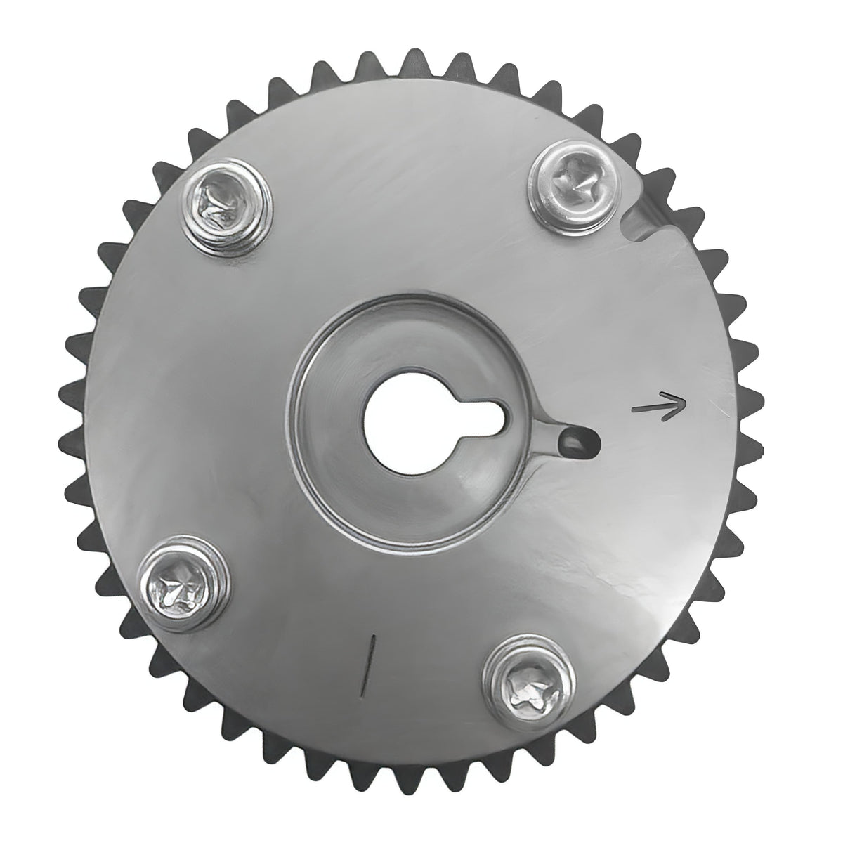Metal timing VVT sprocket with gear teeth, central slot, and four bolt holes