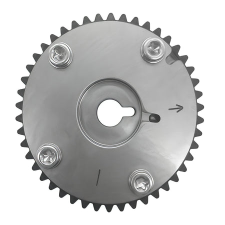 Metal timing VVT sprocket with gear teeth, central slot, and four bolt holes