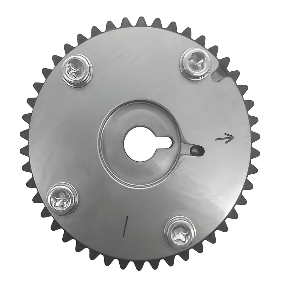 Metal timing VVT sprocket with gear teeth, central slot, and four bolt holes