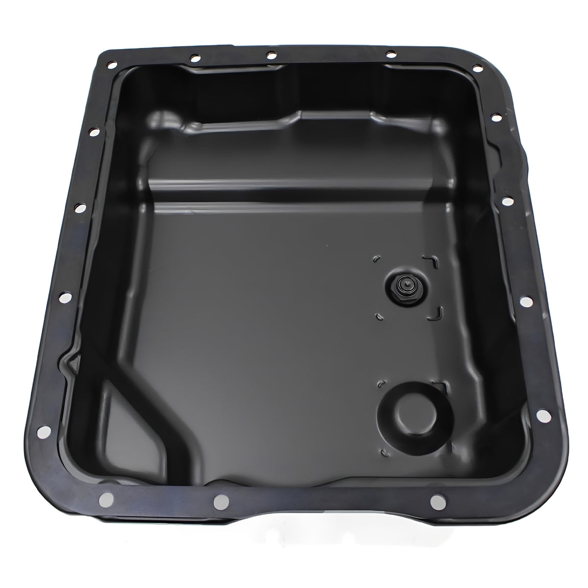 Black metal transmission oil pan with drain plug and bolt holes