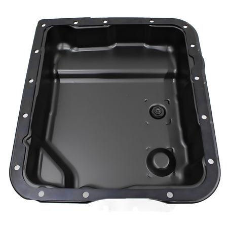 Black metal transmission oil pan with drain plug and bolt holes