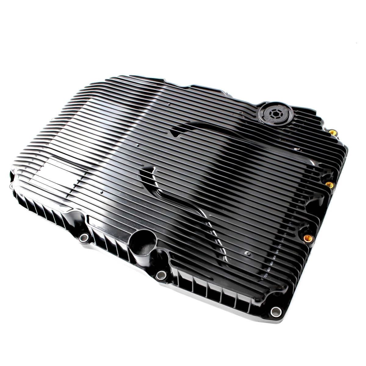 Automatic transmission oil pan cover with ribbed fins and mounting holes, black