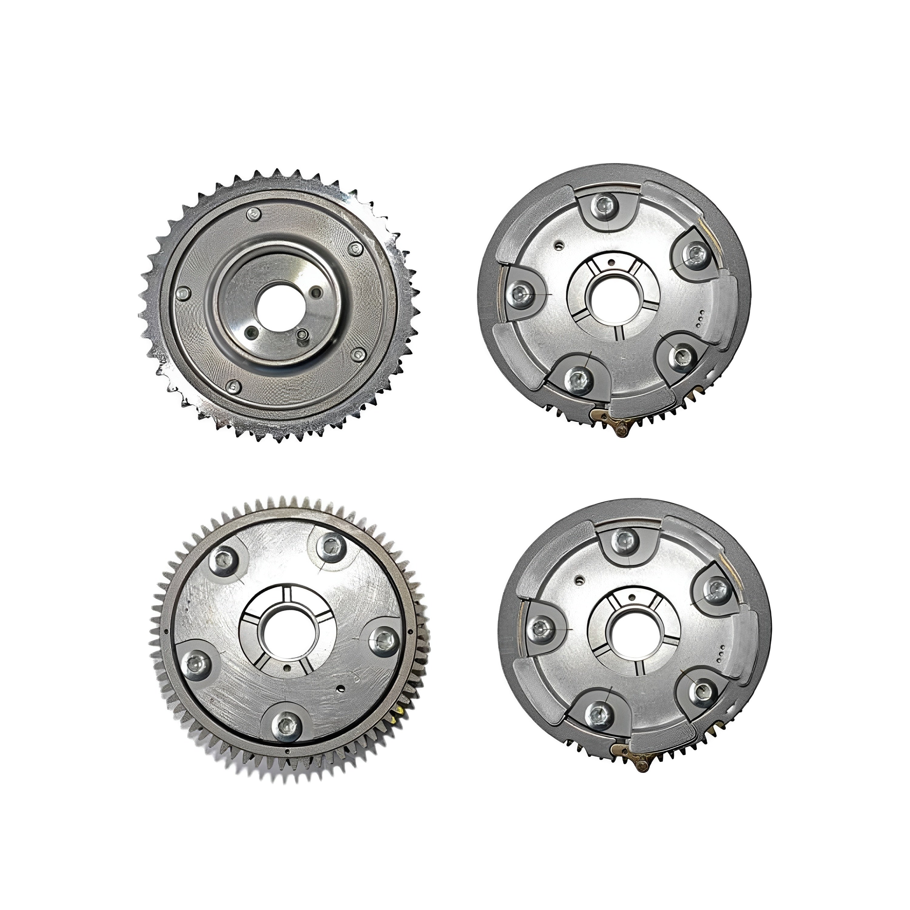 Camshaft adjuster gear set, four silver toothed gears with mounting bolt holes