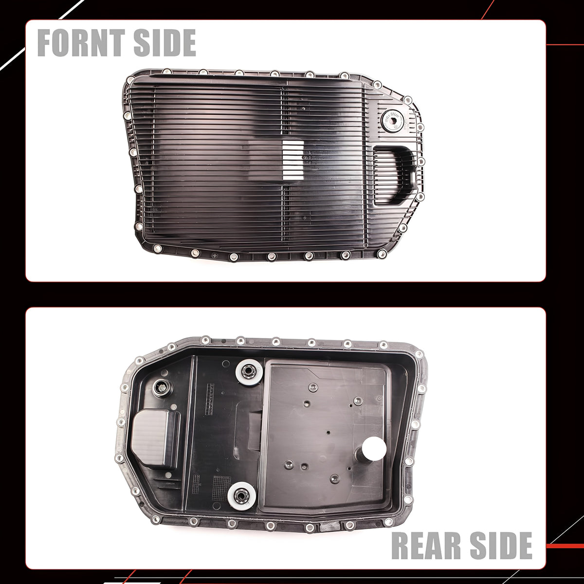 Automatic transmission oil pan front and rear side views