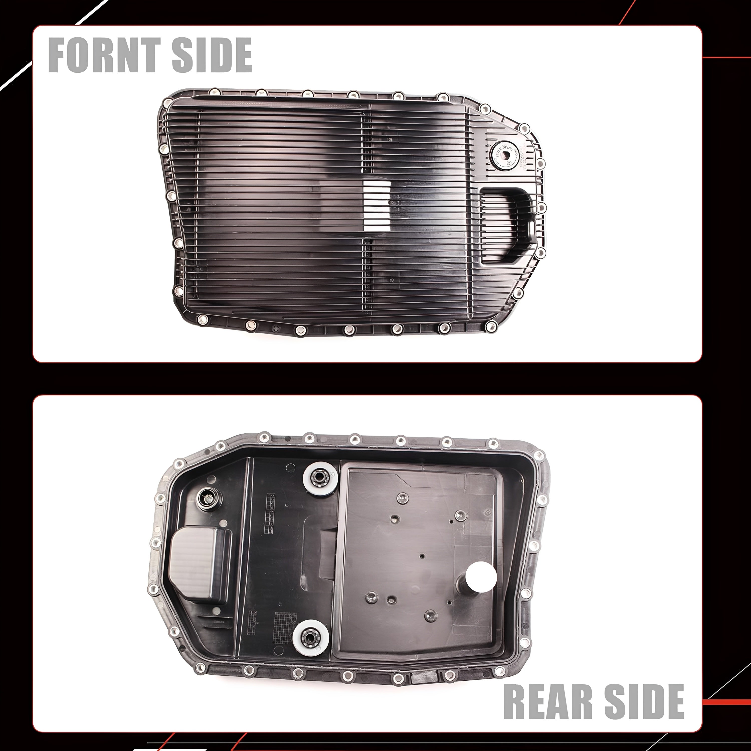 Automatic transmission oil pan front and rear side views