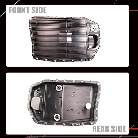 Automatic transmission oil pan front and rear side views