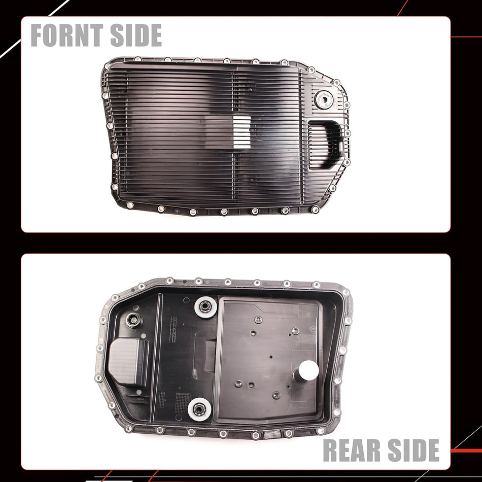 Automatic transmission oil pan front and rear side views