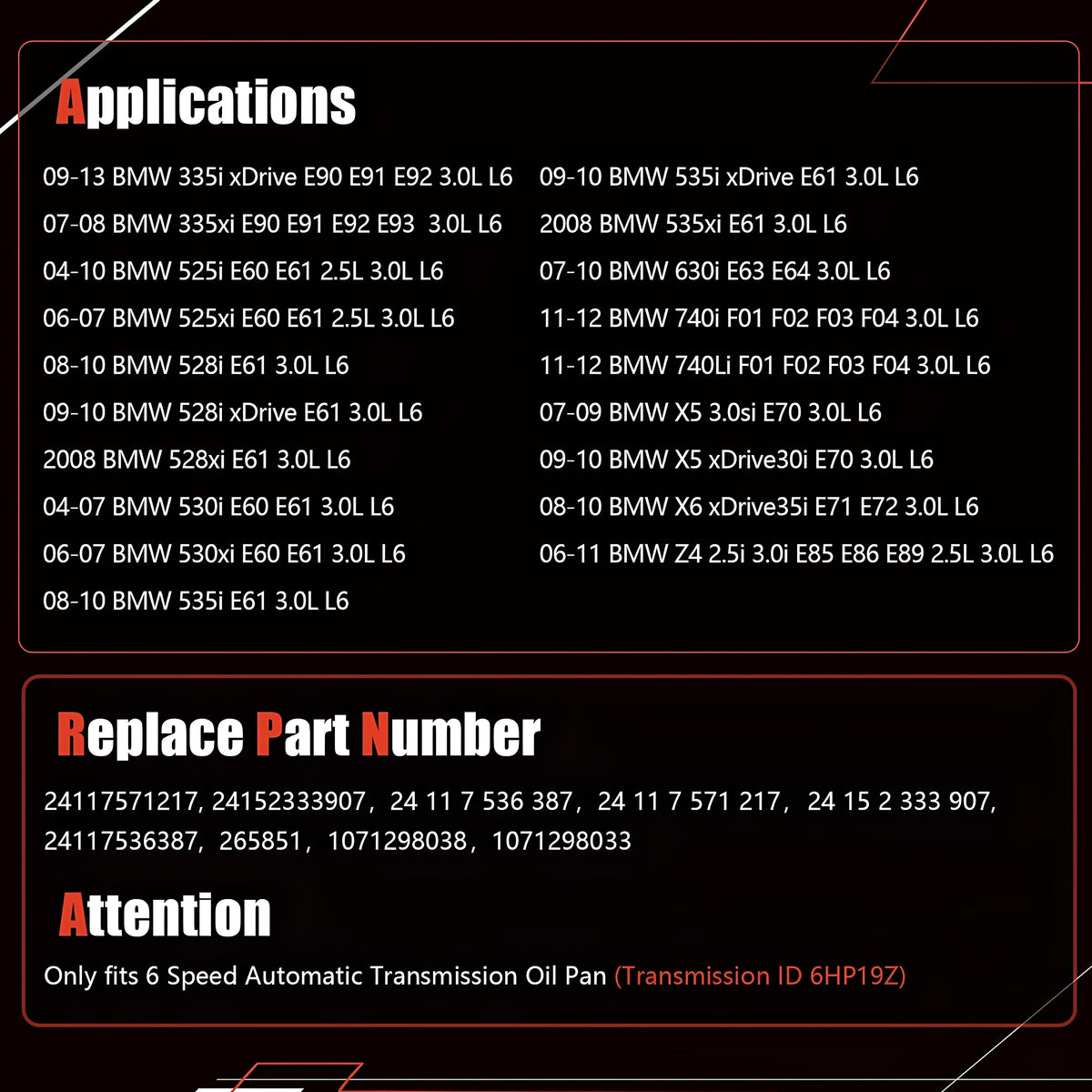 Automatic transmission oil pan fitment and replacement information graphic panel