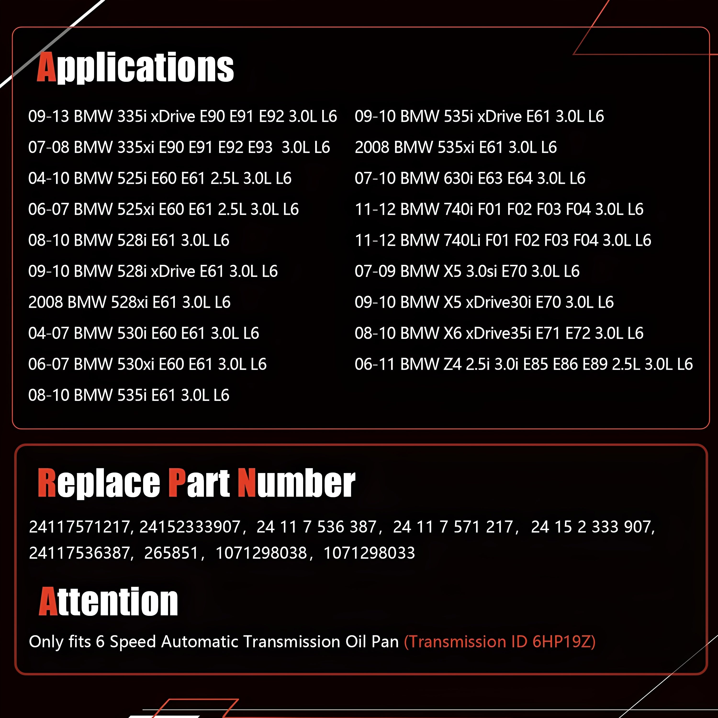 Automatic transmission oil pan fitment and replacement information graphic panel