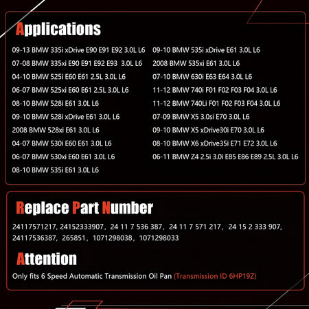 Automatic transmission oil pan fitment and replacement information graphic panel
