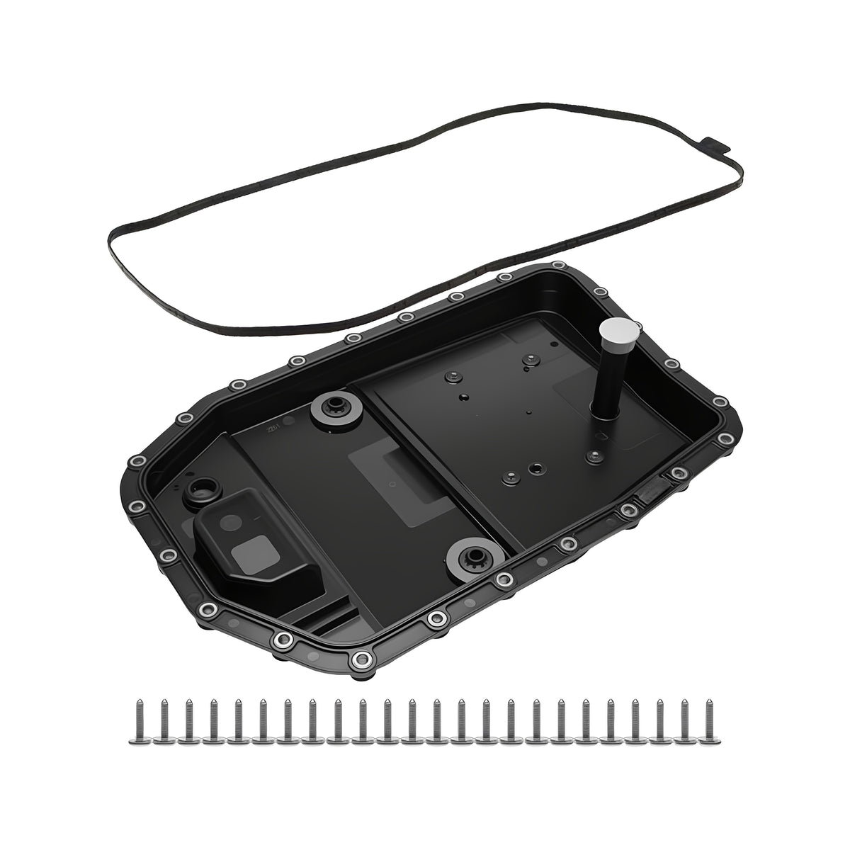 Automatic transmission oil pan with gasket and mounting hardware, black metal pan