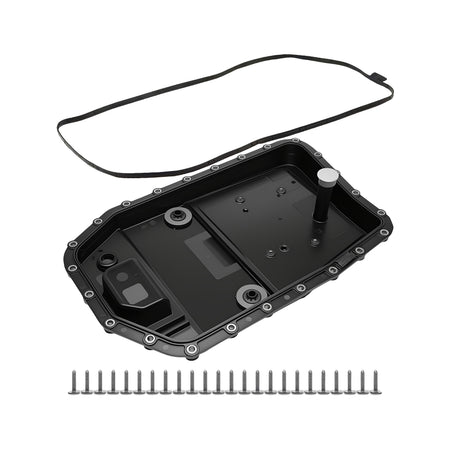 Automatic transmission oil pan with gasket and mounting hardware, black metal pan