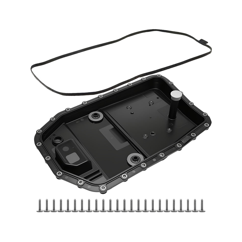 Automatic transmission oil pan with gasket and mounting hardware, black metal pan