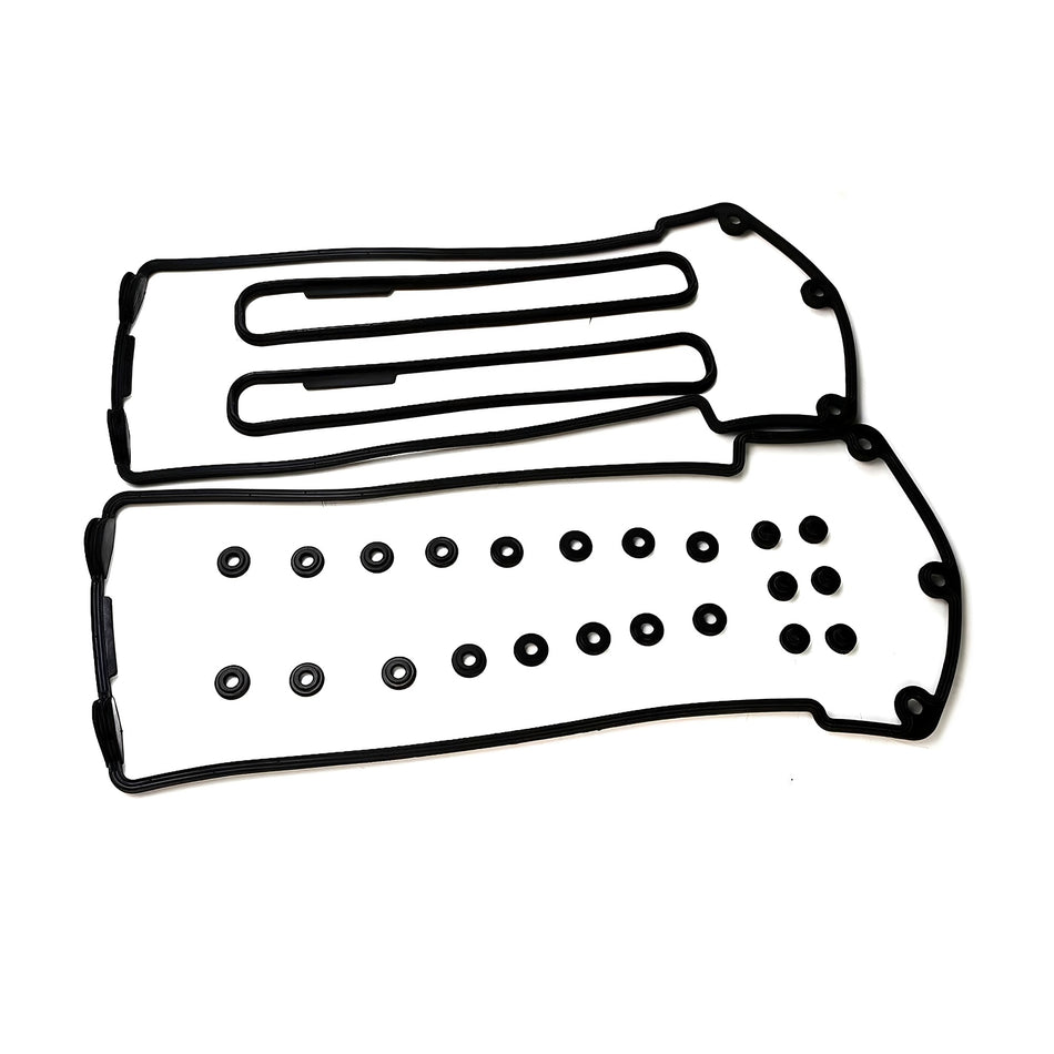 Valve cover gasket set with two molded covers and fastener bolt-hole pattern