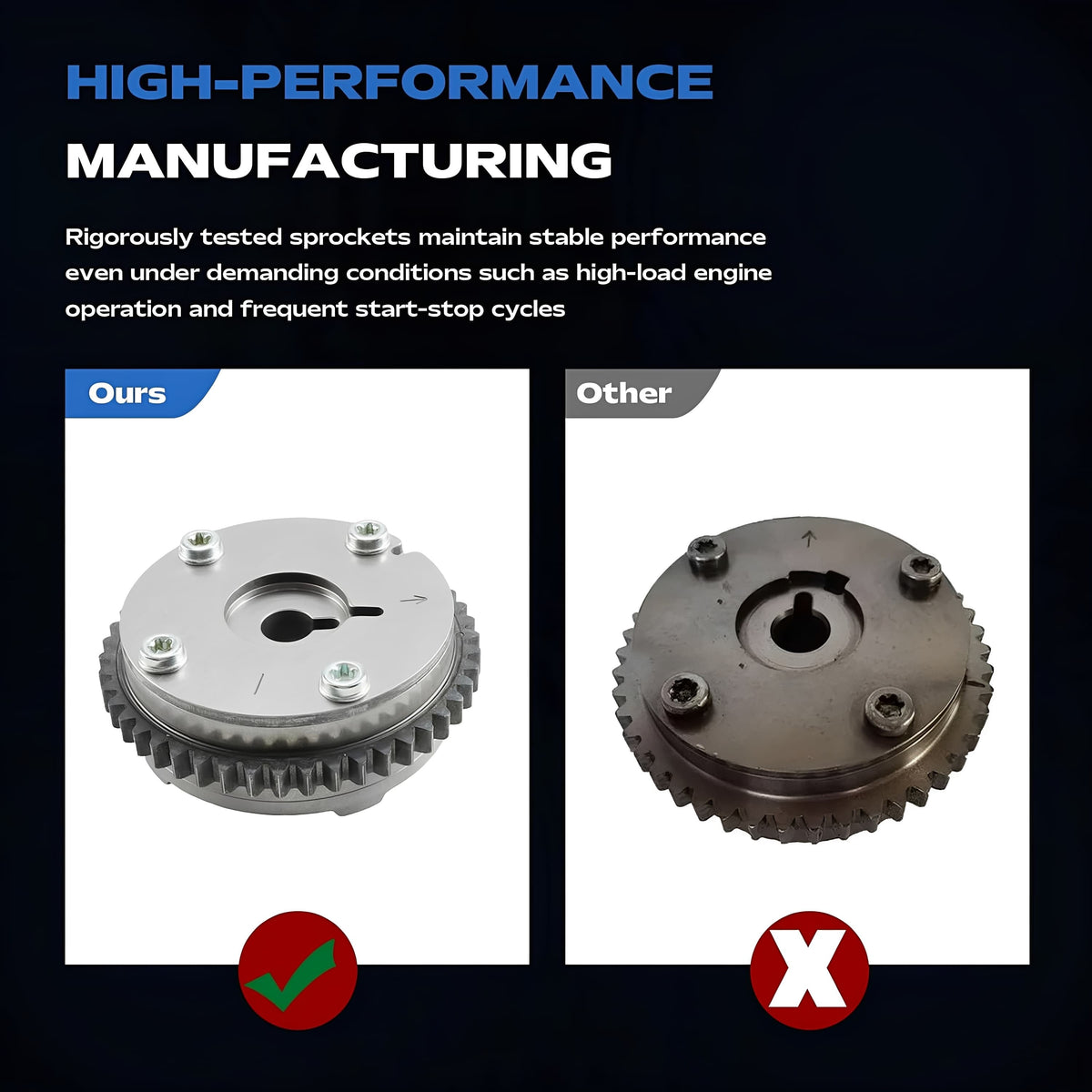 Timing VVT sprocket with metal teeth and mounting bolts, front view on white background