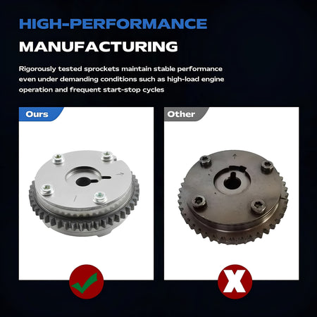Timing VVT sprocket with metal teeth and mounting bolts, front view on white background