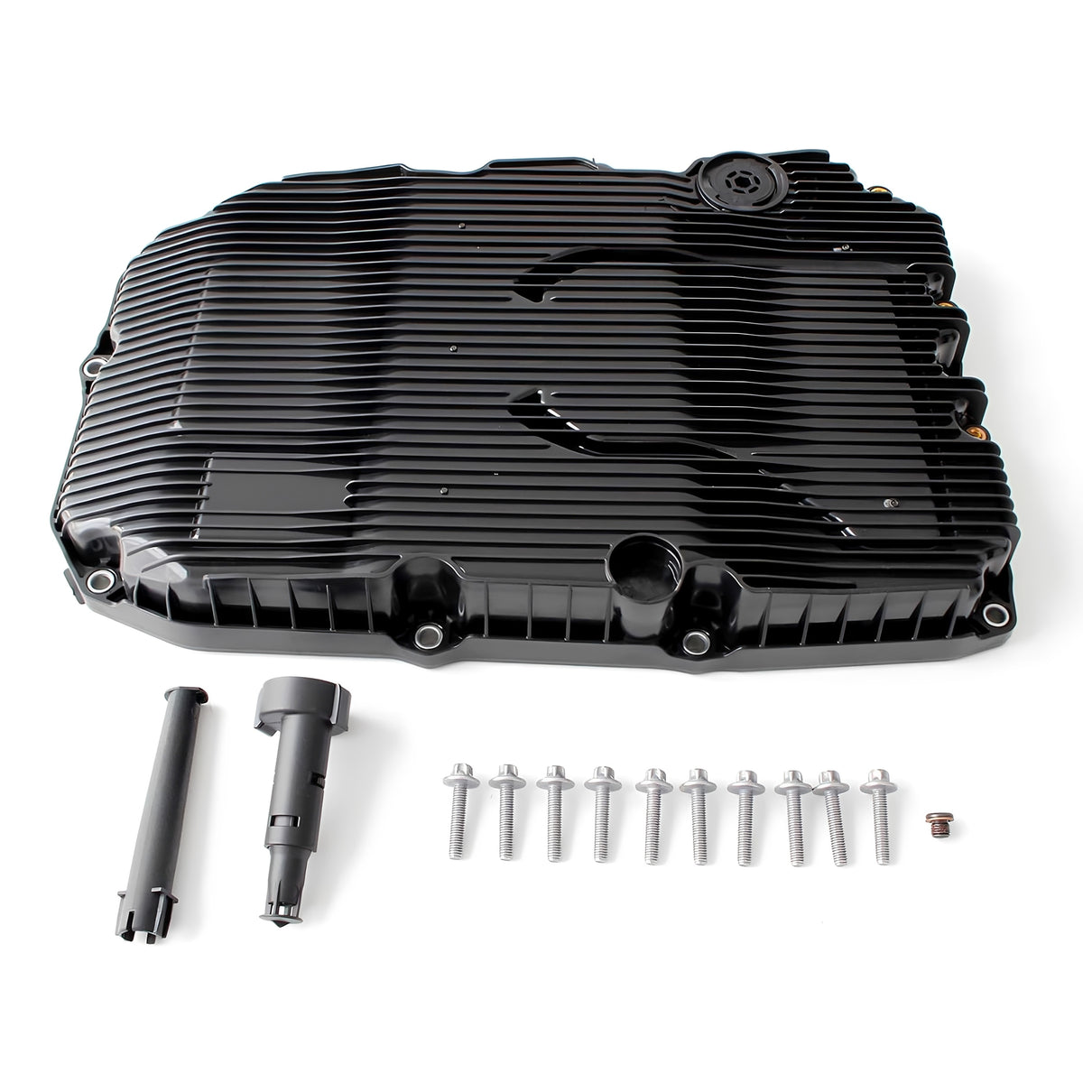 Automatic transmission oil pan cover with fins and drain plug and bolt set