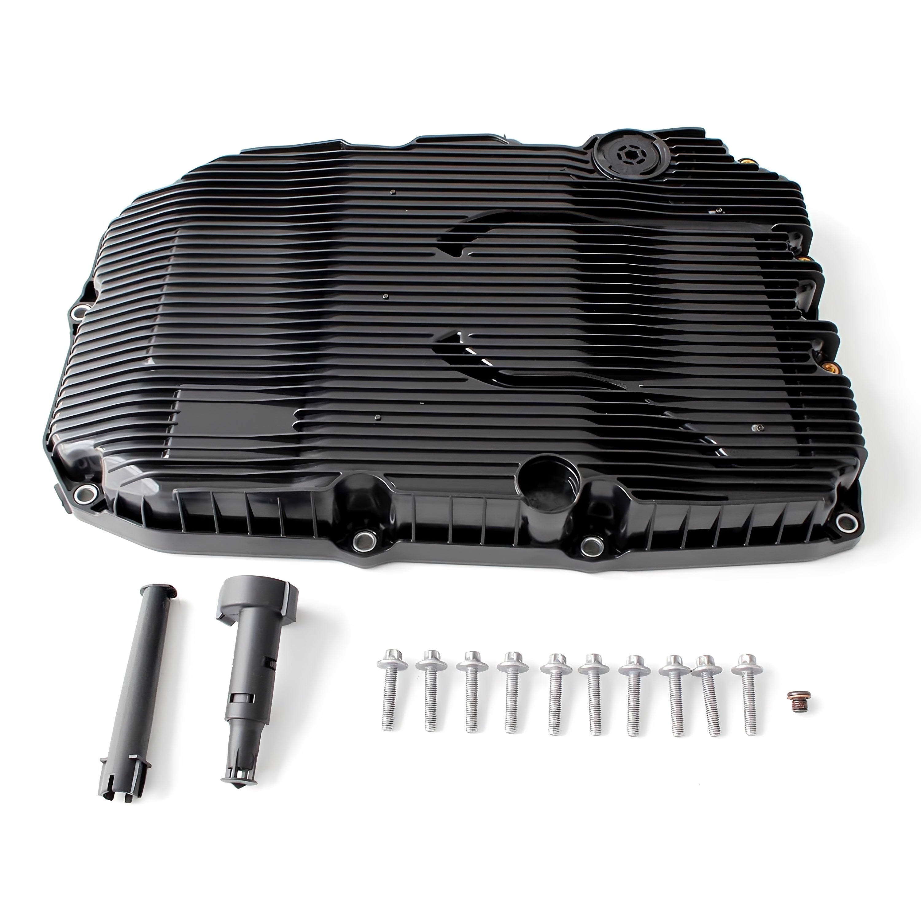 Automatic transmission oil pan cover with fins and drain plug and bolt set