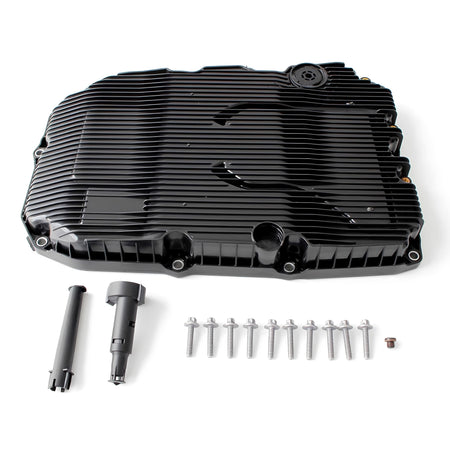Automatic transmission oil pan cover with fins and drain plug and bolt set