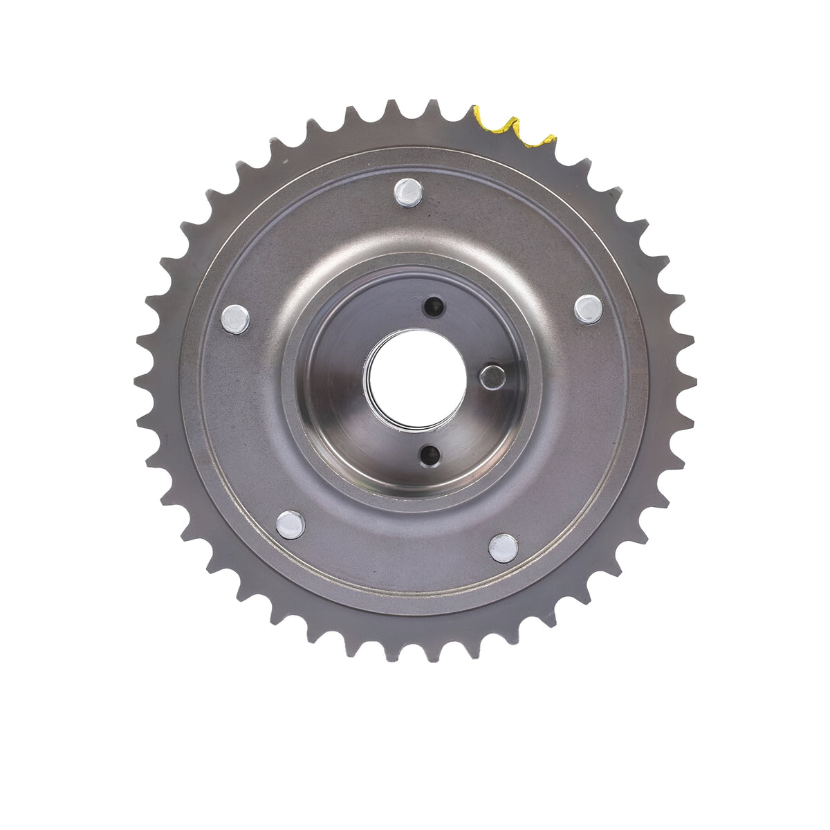 Camshaft adjuster gear back plate, silver metal with toothed ring and mounting holes