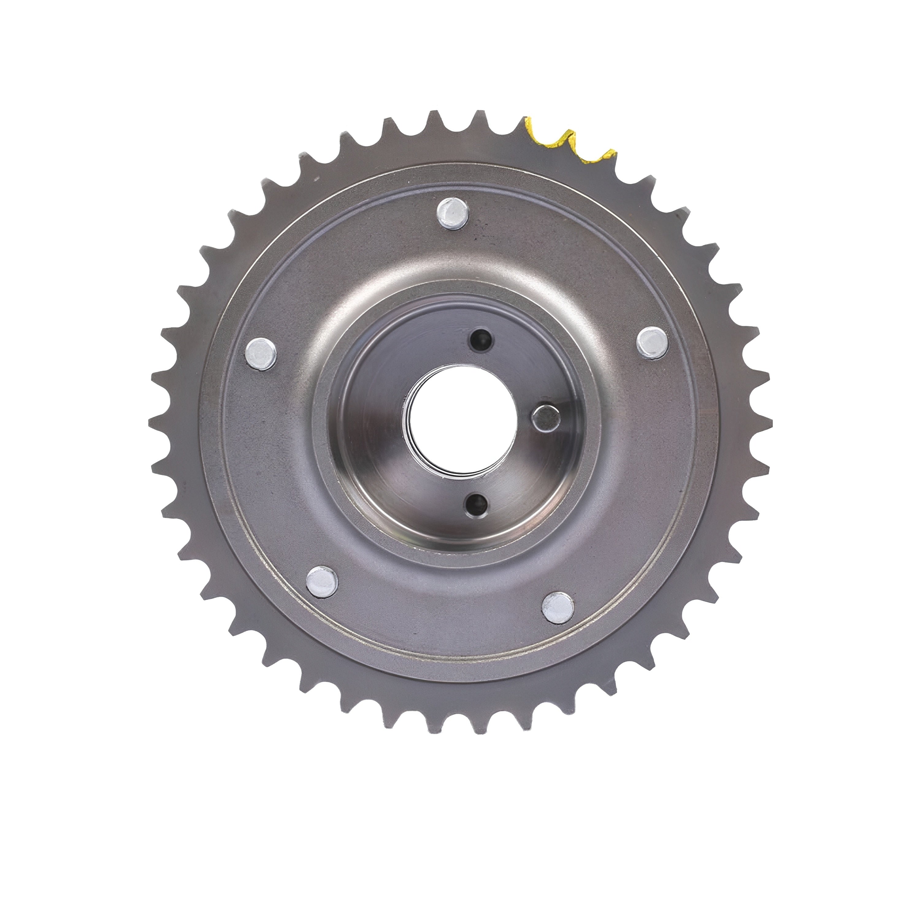 Camshaft adjuster gear back plate, silver metal with toothed ring and mounting holes