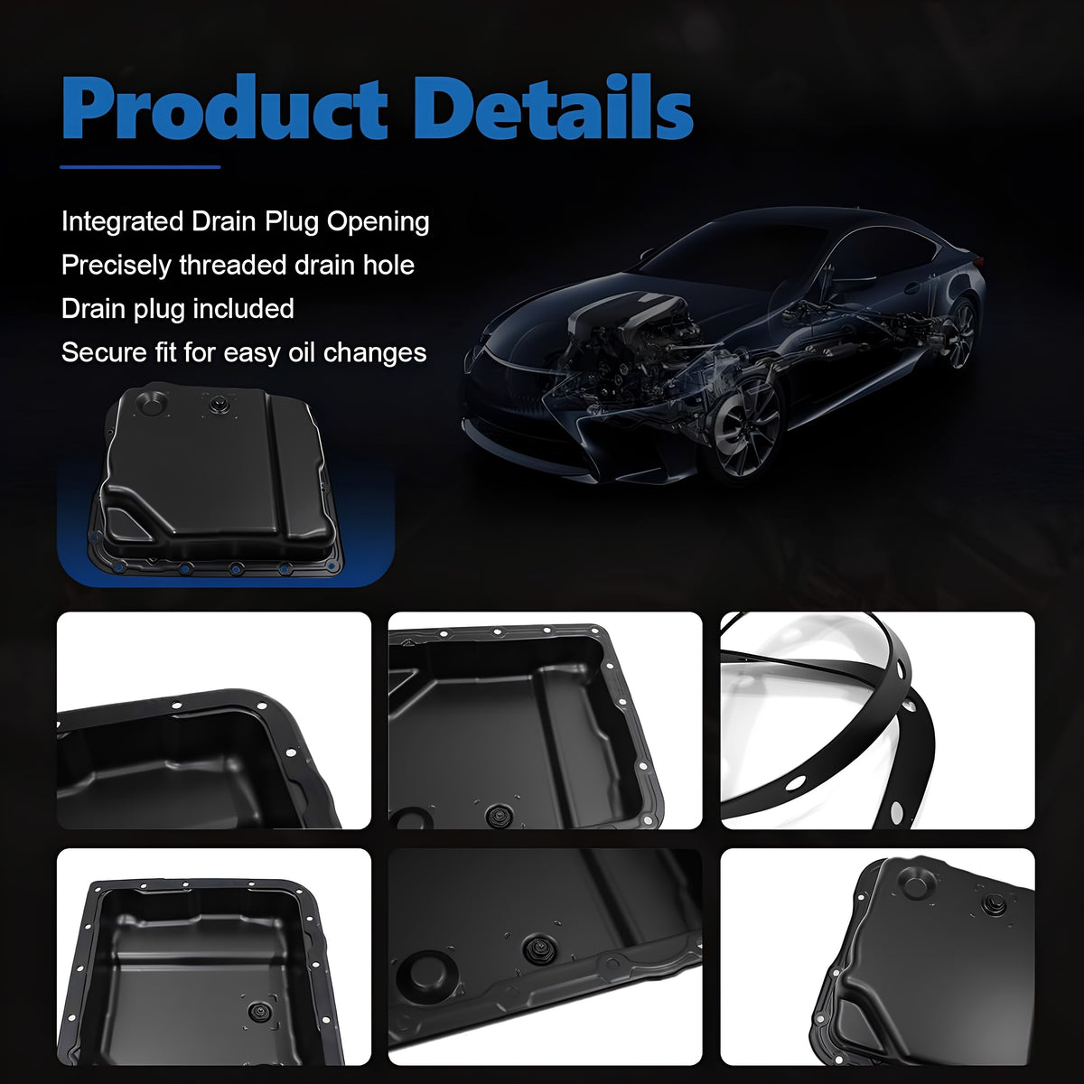 Transmission oil pan with integrated drain plug opening and secure fit