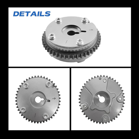 Timing VVT sprocket detail views: top, side, and angled views of metal gear teeth