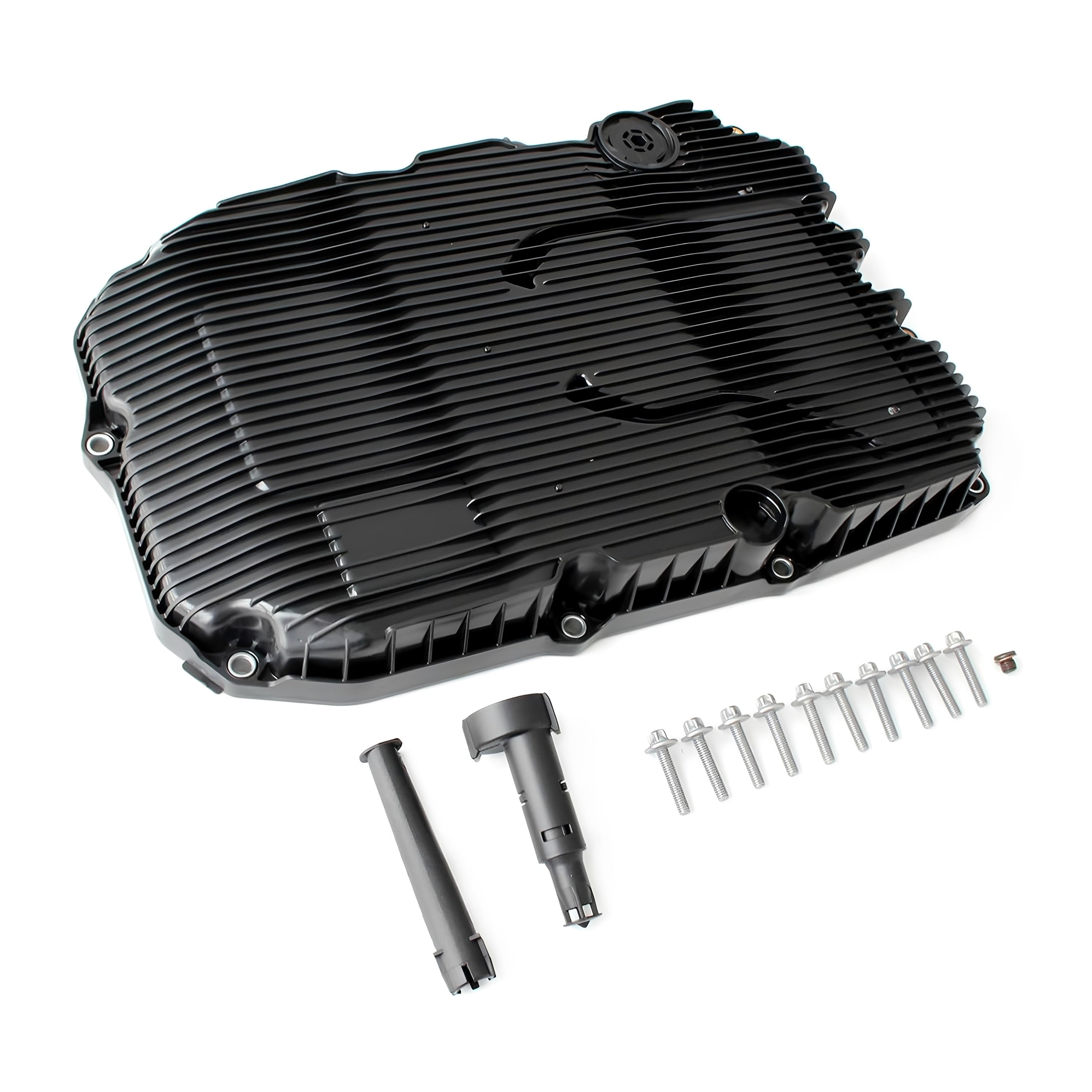 Automatic transmission oil pan cover, black metal with fins and mounting bolts included