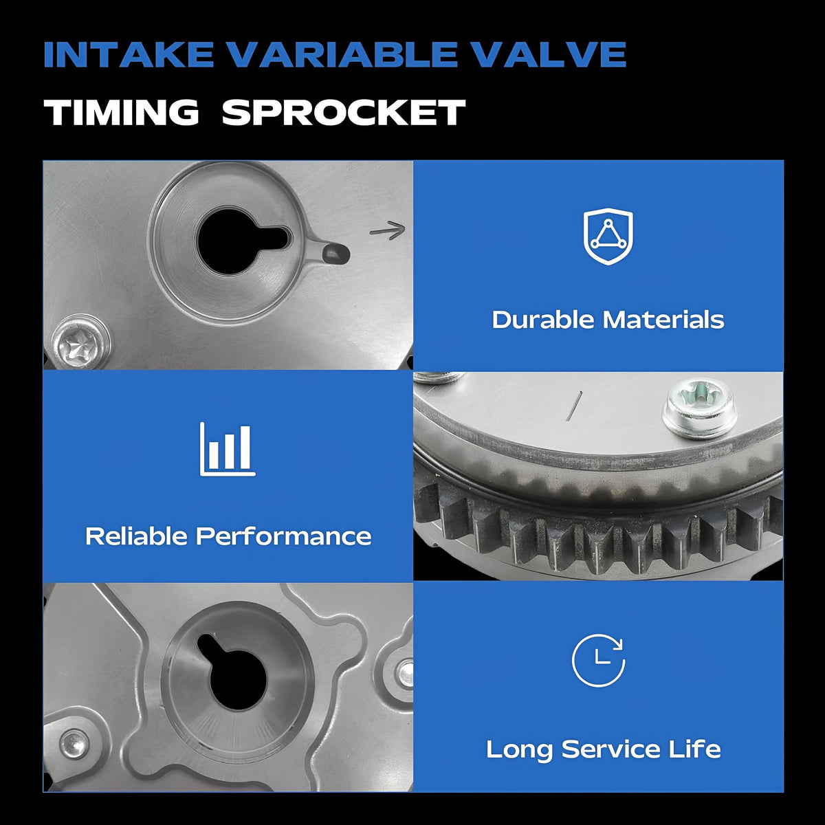 Timing VVT sprocket close-up with toothed edge and central hub opening, silver metal