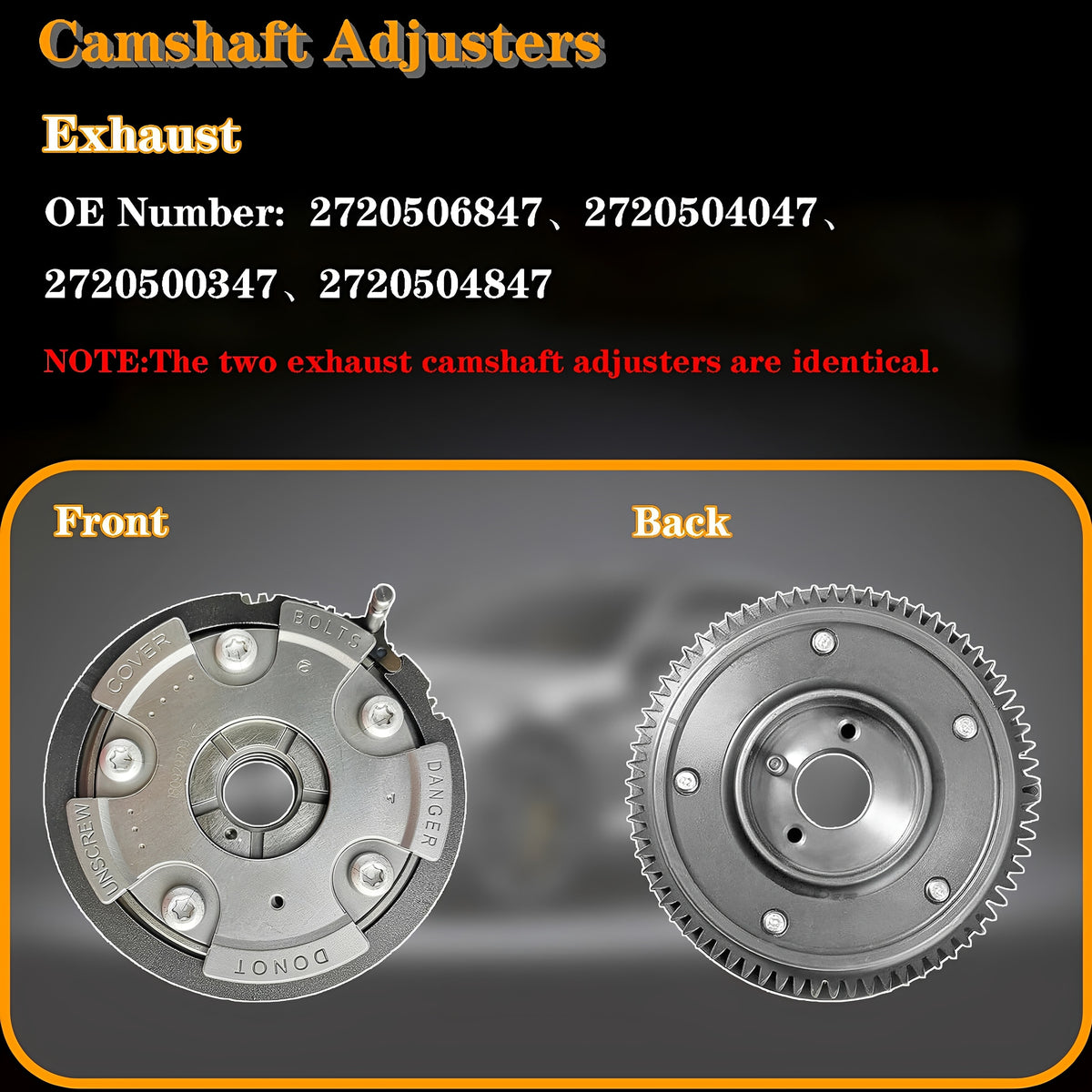 Exhaust camshaft adjuster view with front and back toothed gears, silver metal