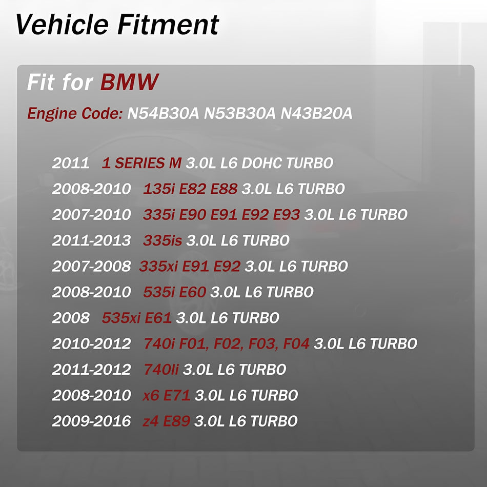 Vehicle fitment chart graphic for BMW engines compatible with the timing chain kit