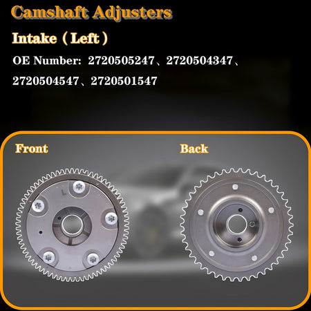 Intake camshaft adjuster view with front and back toothed gears, silver metal