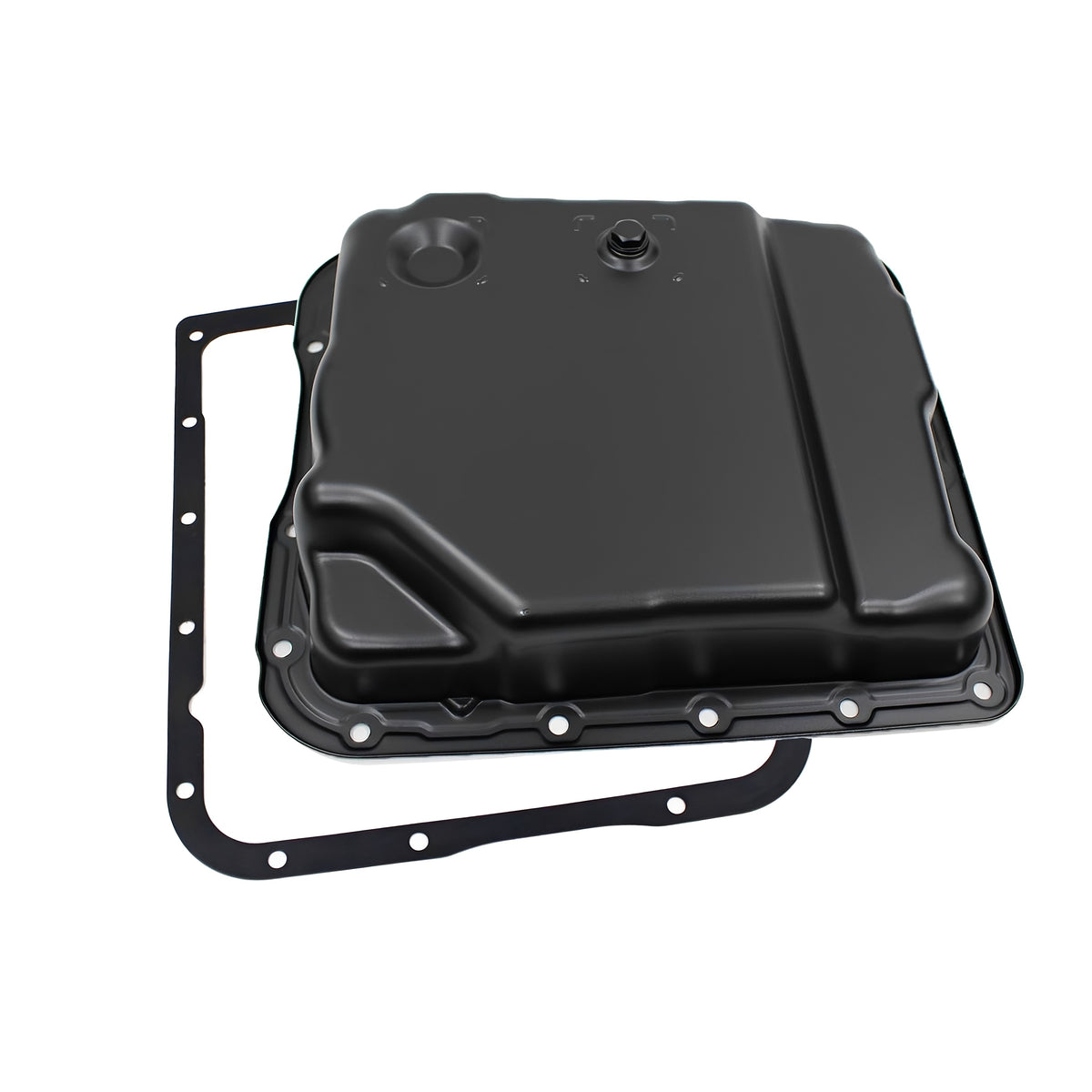 Black automatic transmission oil pan with gasket and drain plug