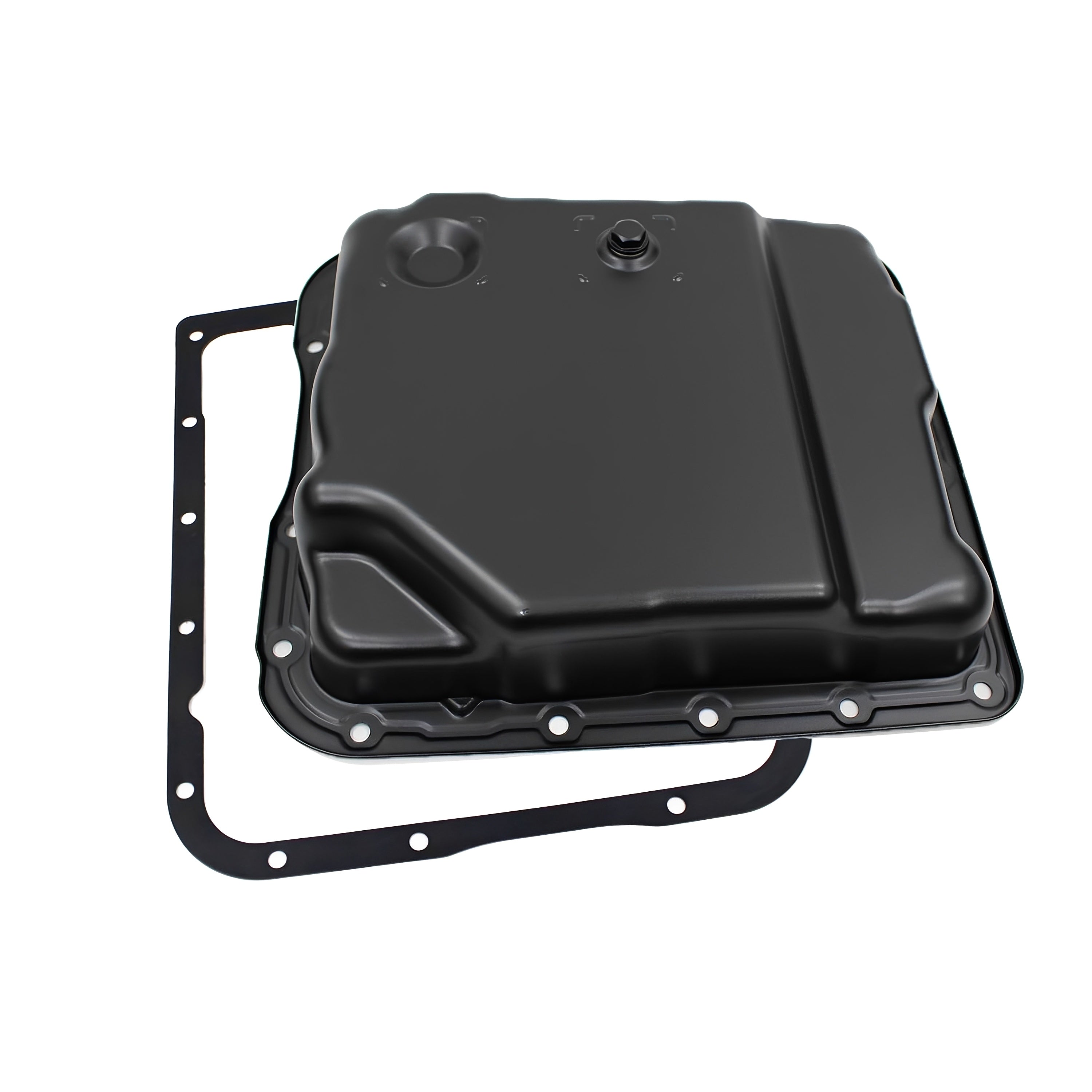 Black automatic transmission oil pan with gasket and drain plug