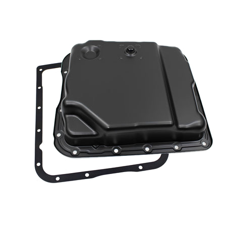 Black automatic transmission oil pan with gasket and drain plug