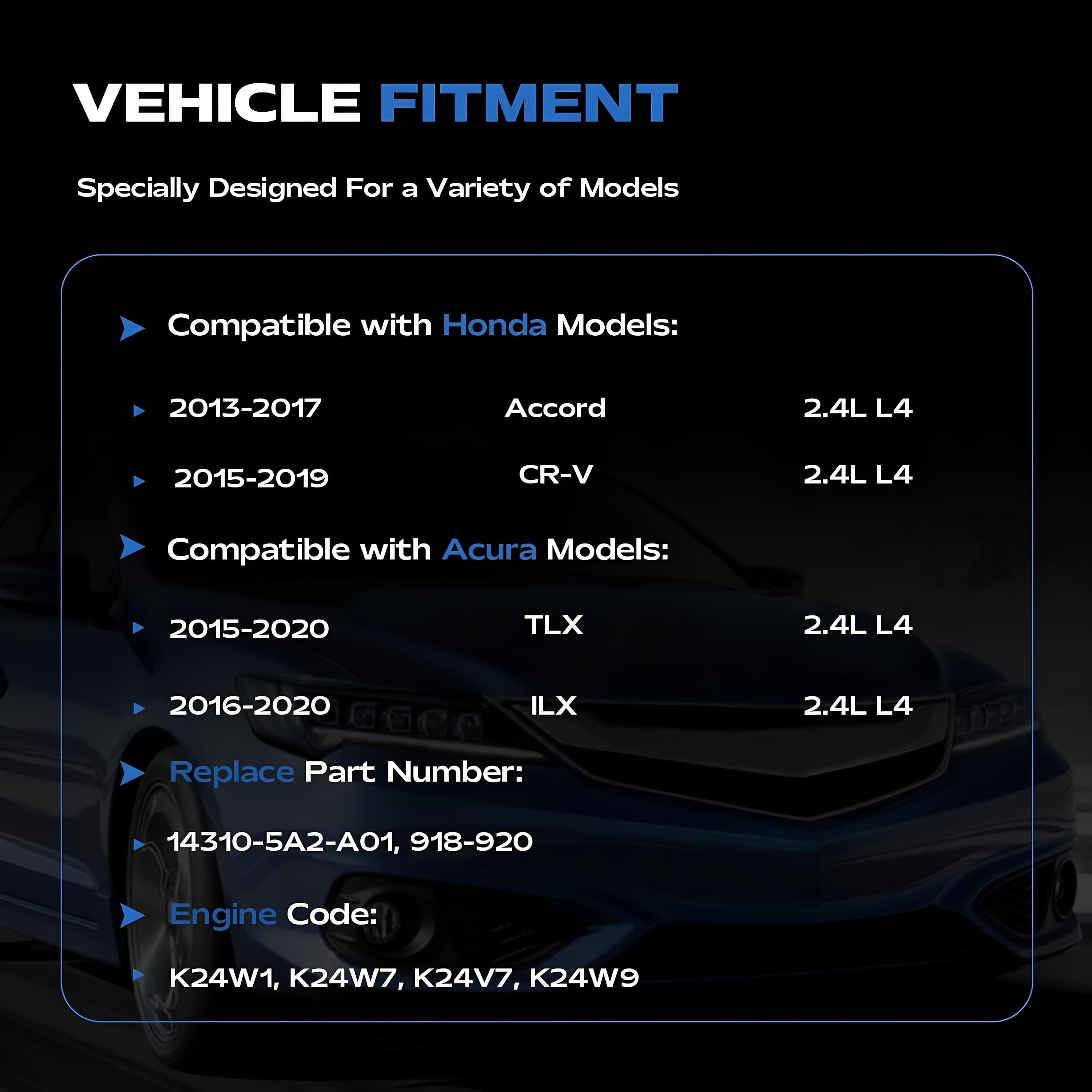Timing VVT sprocket fitment graphic overlay with engine bay background and part selector
