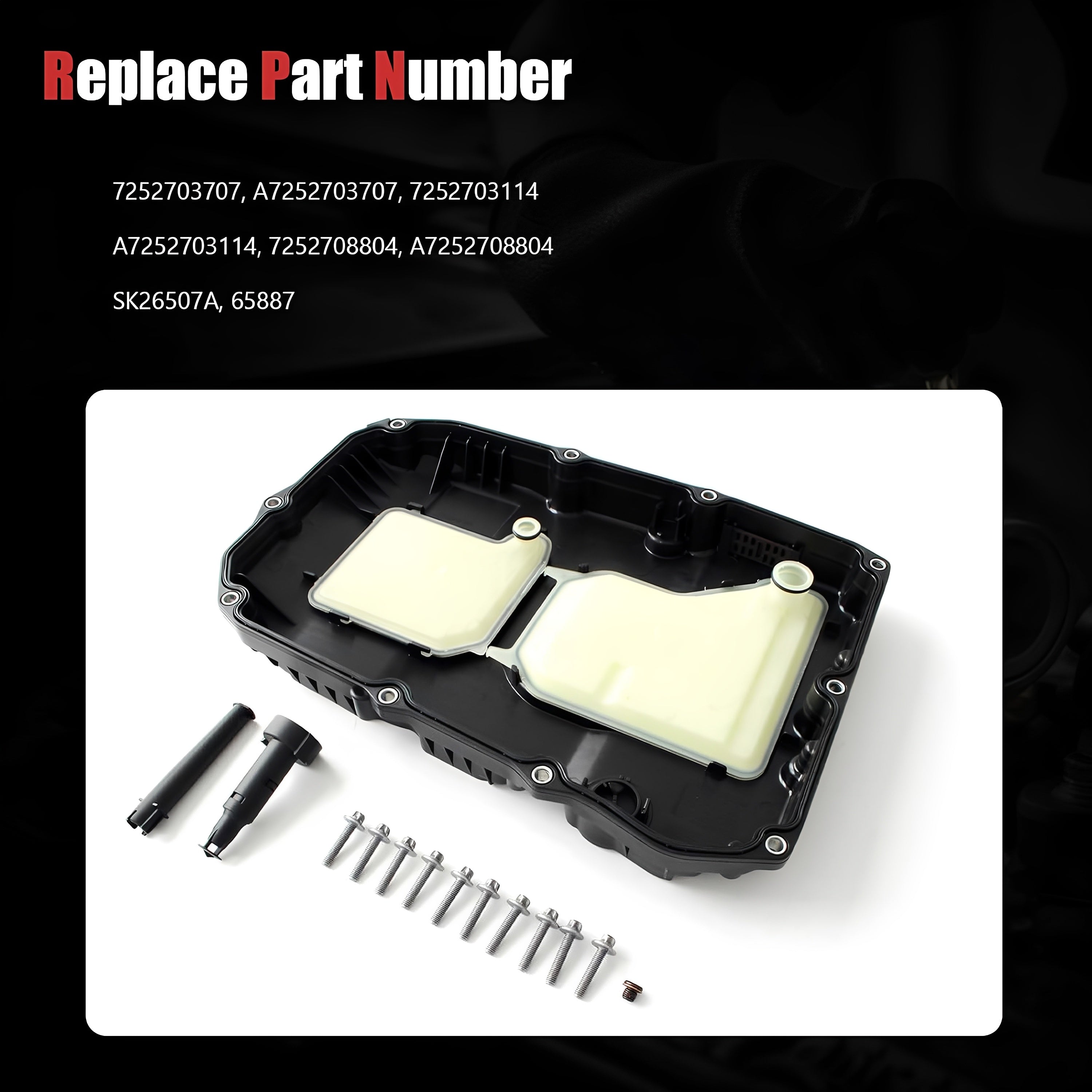 Automatic transmission oil pan with drain components and replacement part numbers shown