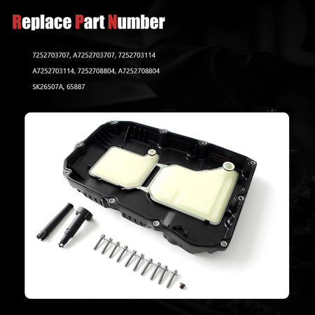 Automatic transmission oil pan with drain components and replacement part numbers shown