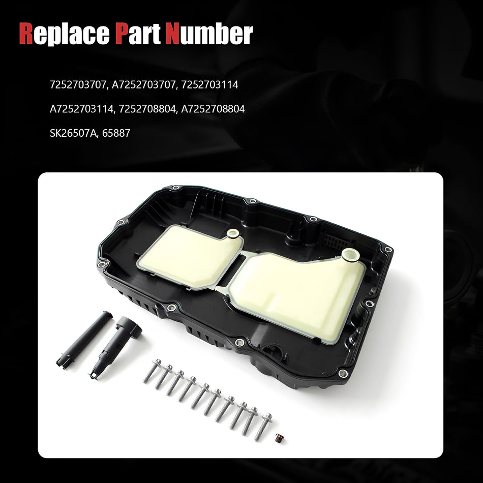 Automatic transmission oil pan with drain components and replacement part numbers shown