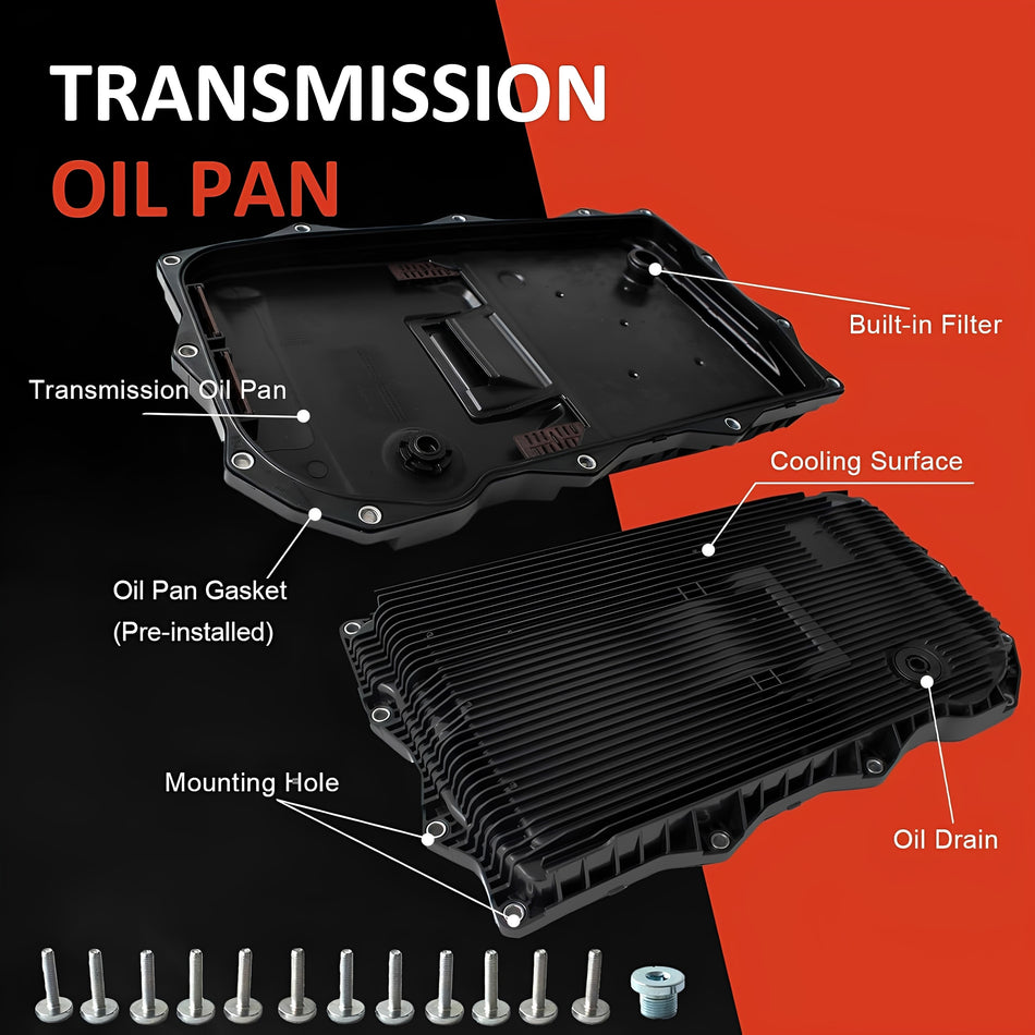 Transmission oil pan with built-in filter, gasket, and labeled cooling surfaces