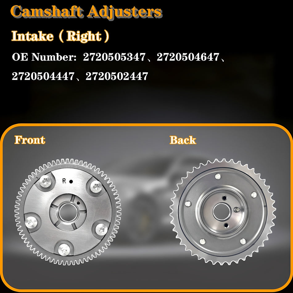 Intake camshaft adjuster view with front and back toothed gears, silver metal