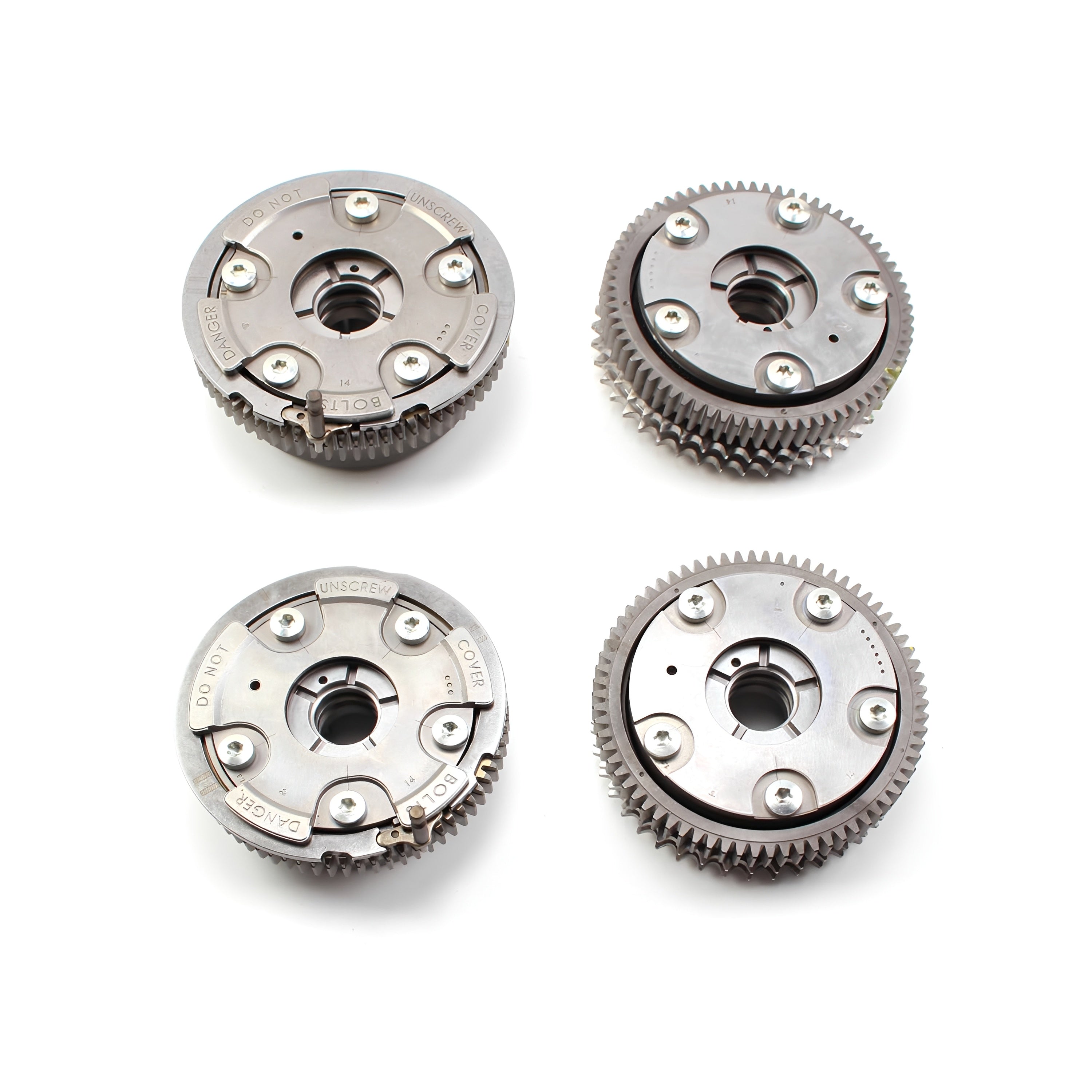 Camshaft adjuster gear set with toothed rings and bolt holes, silver metal (4 views)