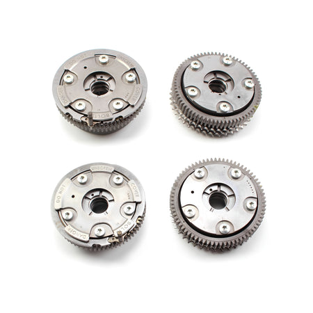 Camshaft adjuster gear set with toothed rings and bolt holes, silver metal (4 views)