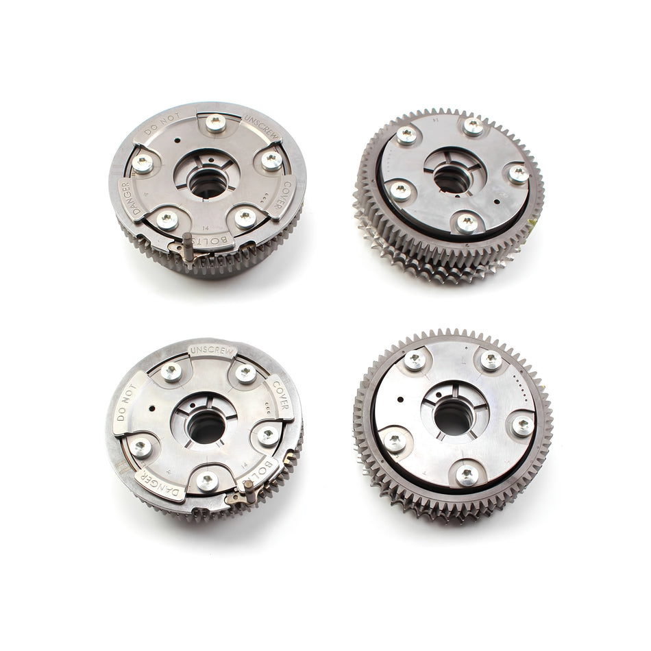 Camshaft adjuster gear set with toothed rings and bolt holes, silver metal (4 views)